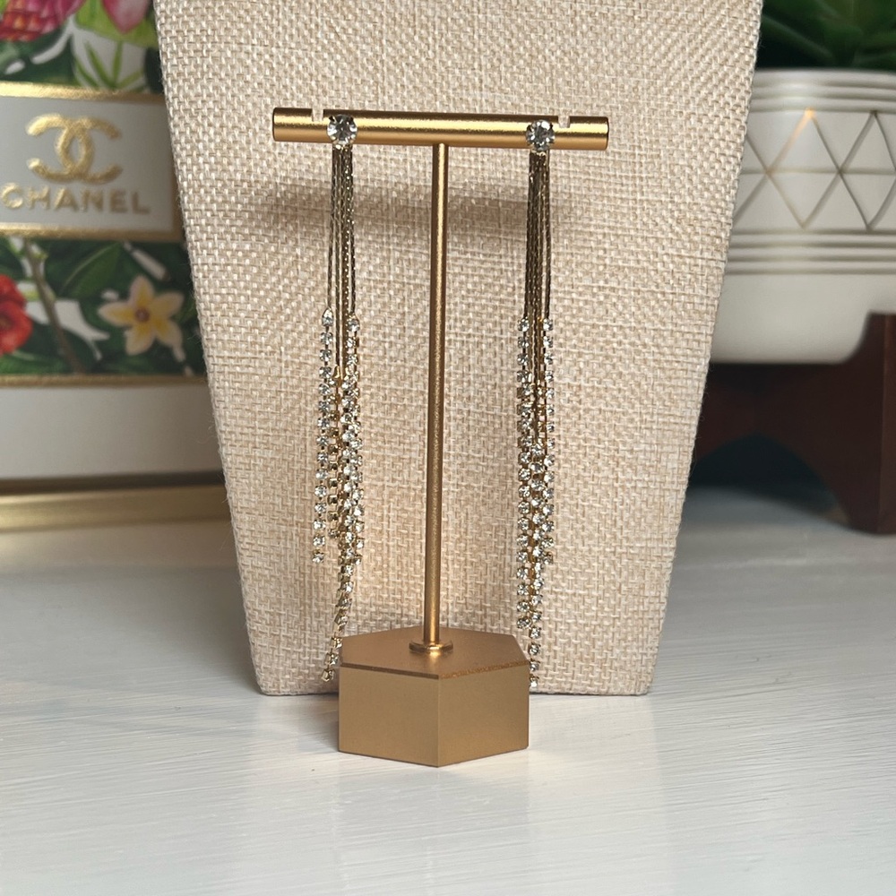 Modern Glam Gold Rhinestone Chain Fringe Dangle Chandelier Earrings Nickel Free